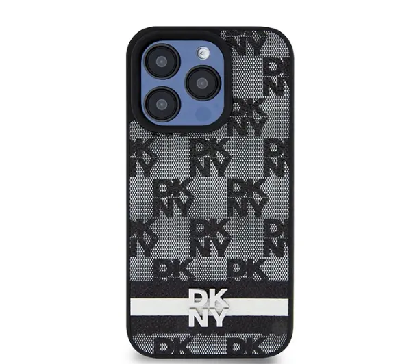 DKNY Leather Checkered Mono Pattern & Printed Stripes do iPhone 15 Pro Czarny