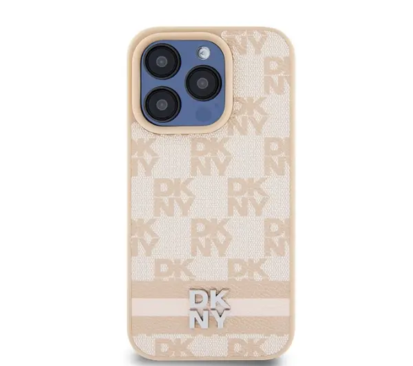 DKNY Leather Checkered Mono Pattern & Printed Stripes do iPhone 15 Pro Różowy