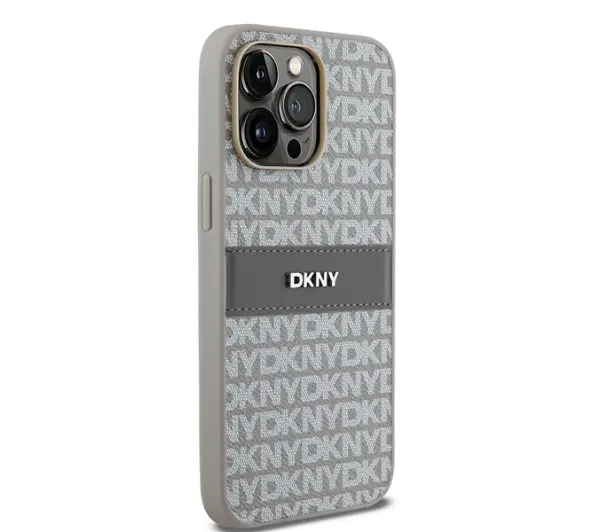DKNY Leather Mono Stripe & Metal Logo do iPhone 14 Pro Max Beżowy