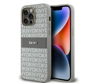 DKNY Leather Mono Stripe & Metal Logo do iPhone 14 Pro Max Beżowy
