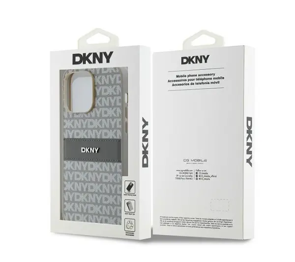 DKNY Leather Mono Stripe & Metal Logo do iPhone 14 Pro Max Beżowy