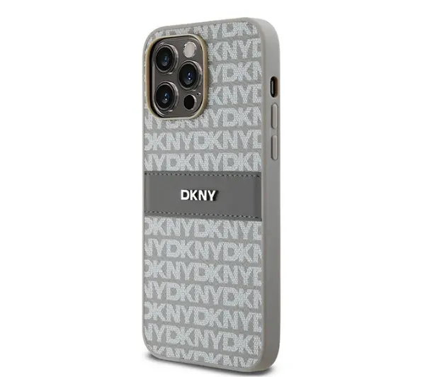 DKNY Leather Mono Stripe & Metal Logo do iPhone 14 Pro Max Beżowy