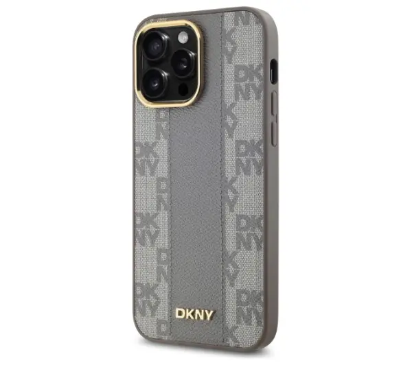 DKNY Leather Checkered Mono Pattern MagSafe do iPhone 14 Pro Max Beżowy