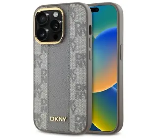DKNY Leather Checkered Mono Pattern MagSafe do iPhone 14 Pro Beżowy