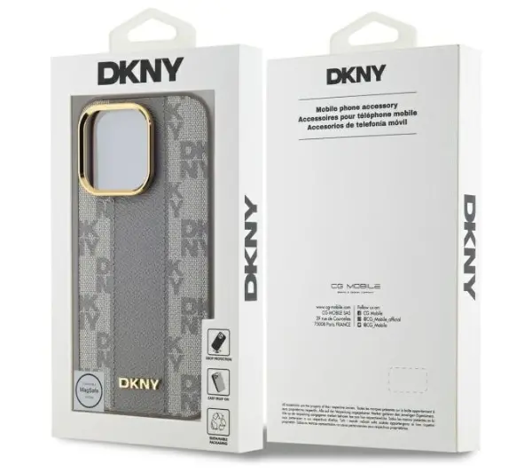 DKNY Leather Checkered Mono Pattern MagSafe do iPhone 14 Pro Beżowy