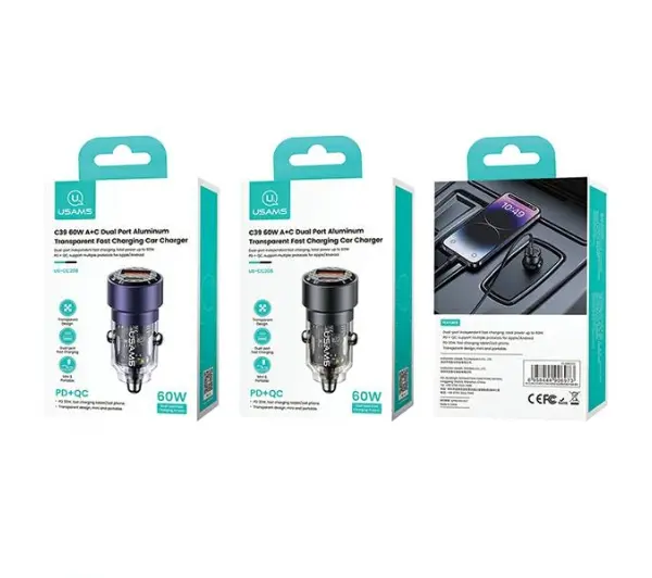 USAMS USB+USB-C 60W Fast Charge Czarny