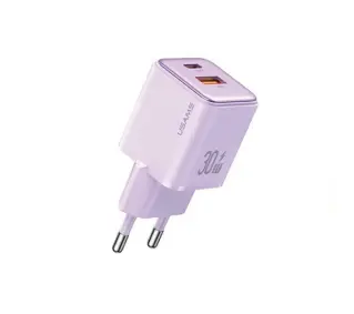 USAMS 1xUSB+1xUSB-C PD30W 3A PD3.0 Fast Charging Purpurowy