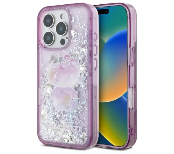 Etui HELLO KITTY Liquid Glitter 50TH Anniversary Party do Apple iPhone 16 Pro Fioletowy