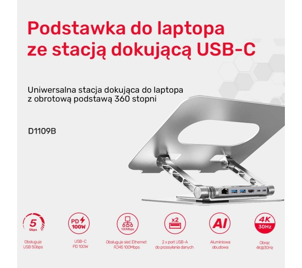 Unitek D1109B01 z odłączanym hubem USB-C HDMI 1,4, 4K PD 100W Srebrny - Kup na Raty - RRSO 0%