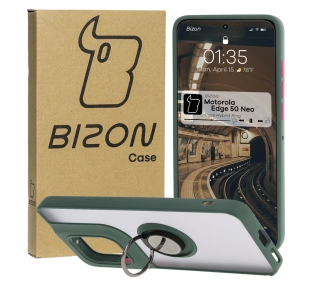 Bizon z uchwytem na palec Hybrid Ring do Motorola Edge 50 Neo Przydymione z ciemnozieloną ramką
