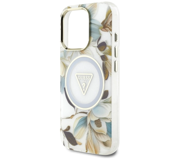 Guess Glitter Flowers Triangle Buttons MagSafe do iPhone 16 Pro Biały