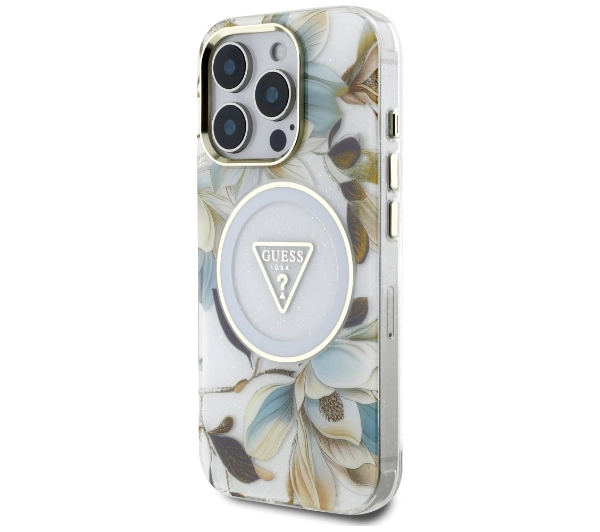 Guess Glitter Flowers Triangle Buttons MagSafe do iPhone 16 Pro Biały