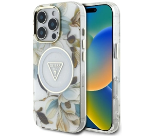 Guess Glitter Flowers Triangle Buttons MagSafe do iPhone 16 Pro Biały