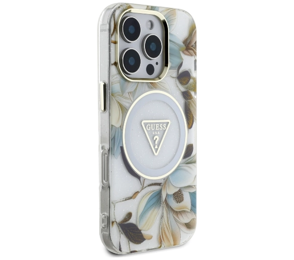 Guess Glitter Flowers Triangle Buttons MagSafe do iPhone 16 Pro Biały