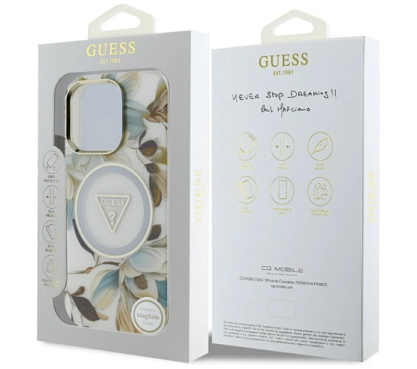 Guess Glitter Flowers Triangle Buttons MagSafe do iPhone 16 Pro Biały