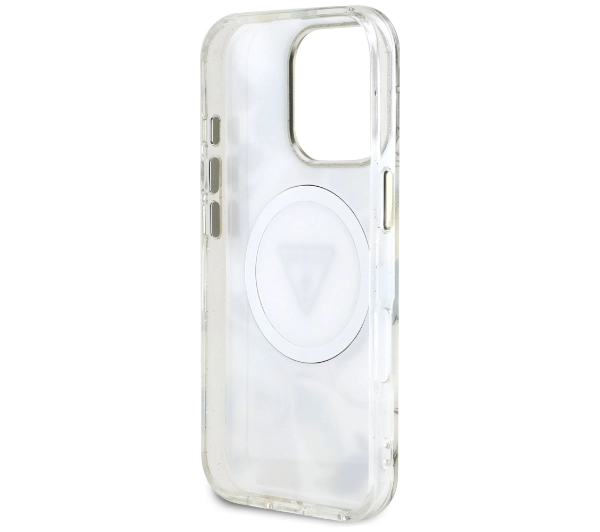 Guess Glitter Flowers Triangle Buttons MagSafe do iPhone 16 Pro Biały