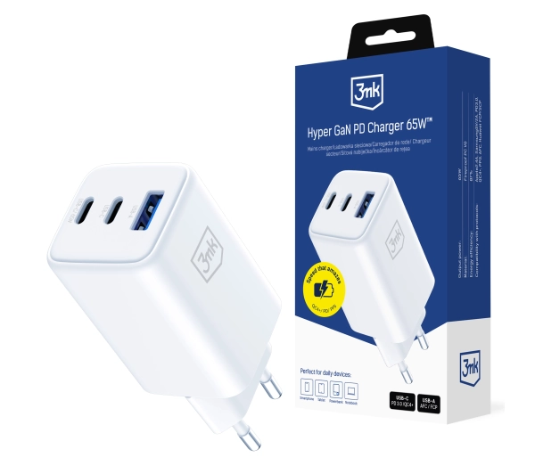 3mk Hyper GaN Charger 65W QC4+ PD PPS USB 1A2C Biały