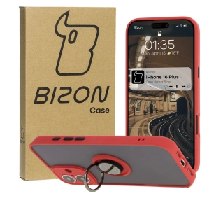 Bizon z uchwytem na palec Hybrid Ring do iPhone 16 Plus przydymione z Czerwoną ramką
