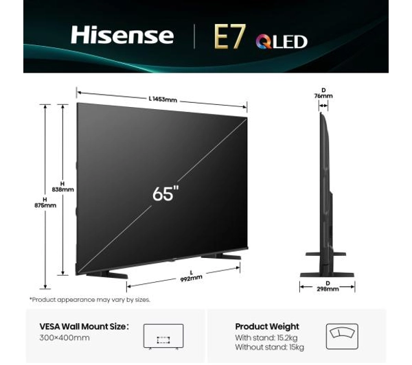 Hisense 65E7Q  65" QLED 4K Smart TV Funkcje AI Dolby Vision Dolby Atmos HDMI 2.1 DVB-T2 - Kup na Raty - RRSO 0%