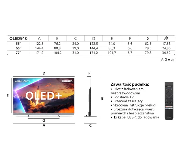 Philips OLED+ 55OLED910/12 55" OLED 4K 144Hz Google TV Funkcje AI Ambilight Dolby Vision Dolby Atmos Dźwięk B&W HDMI 2.1 - Kup na Raty - RRSO 0%