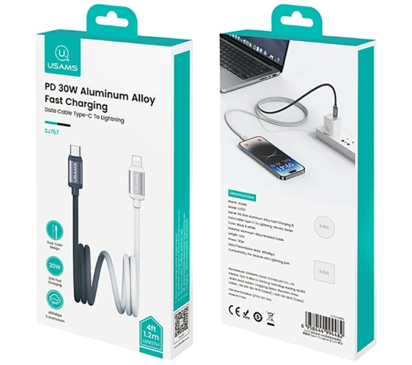 USAMS Bicolor Series PD 30W USB-C do Lightning 1,2m Czarno-biały