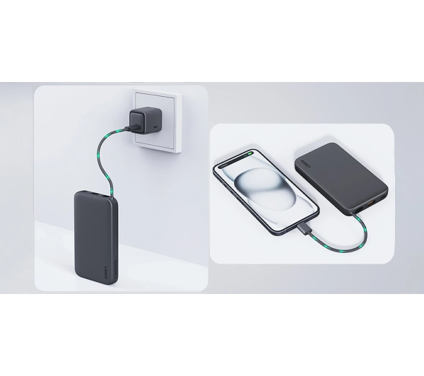 Aukey Spark Sling Lite Slim PB-Y53P 10000mAh 15W Wbudowany kabel USB-C Szary - ⚡ EURO HIT CENOWY! ⚡