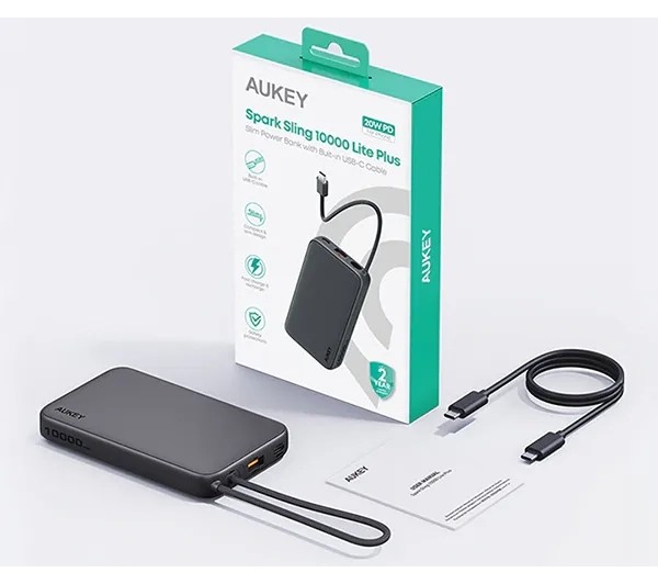 Aukey Spark Sling Lite Slim PB-Y53P 10000mAh 15W Wbudowany kabel USB-C Szary - ⚡ EURO HIT CENOWY! ⚡
