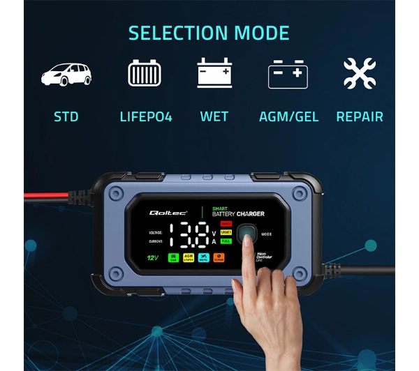 Qoltec 52486 Inteligentna mikroprocesorowa 12V / 7A  Prostownik do akumulatora AGM LiFePO4 GEL z funkcją naprawy