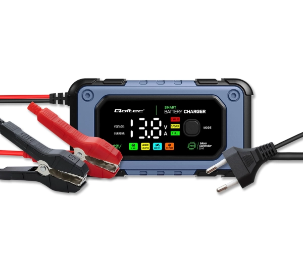 Qoltec 52486 Inteligentna mikroprocesorowa 12V / 7A  Prostownik do akumulatora AGM LiFePO4 GEL z funkcją naprawy