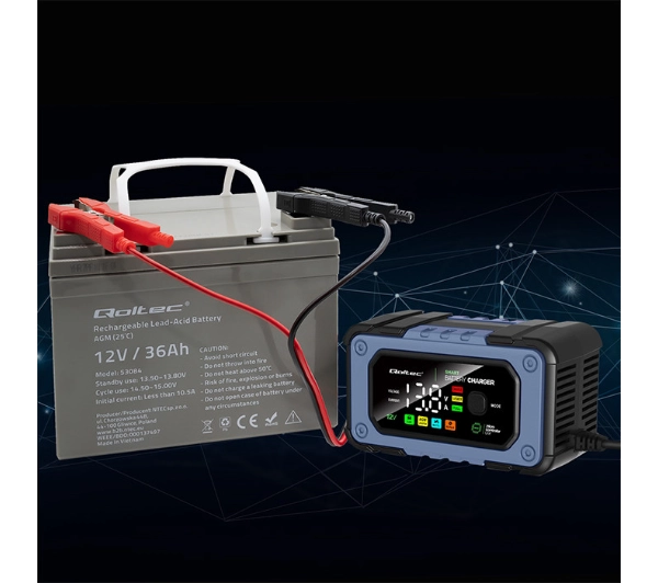 Qoltec 52486 Inteligentna mikroprocesorowa 12V / 7A  Prostownik do akumulatora AGM LiFePO4 GEL z funkcją naprawy