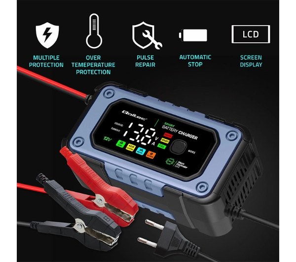 Qoltec 52486 Inteligentna mikroprocesorowa 12V / 7A  Prostownik do akumulatora AGM LiFePO4 GEL z funkcją naprawy