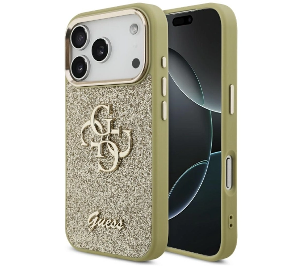 Guess Fixed Glitter Big 4G Metal Frame do iPhone 17 Pro złoty