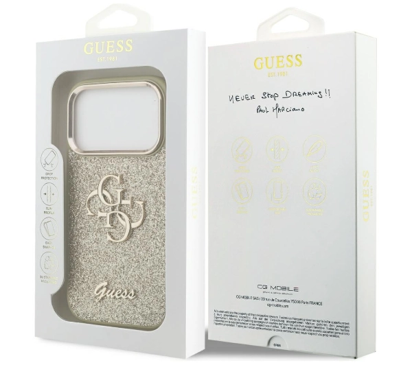 Guess Fixed Glitter Big 4G Metal Frame do iPhone 17 Pro złoty