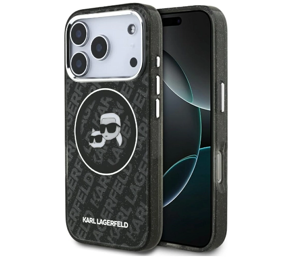 Karl Lagerfeld IML Glitter Karl & Choupette Heads Logo MagSafe do iPhone 17 Pro Czarny