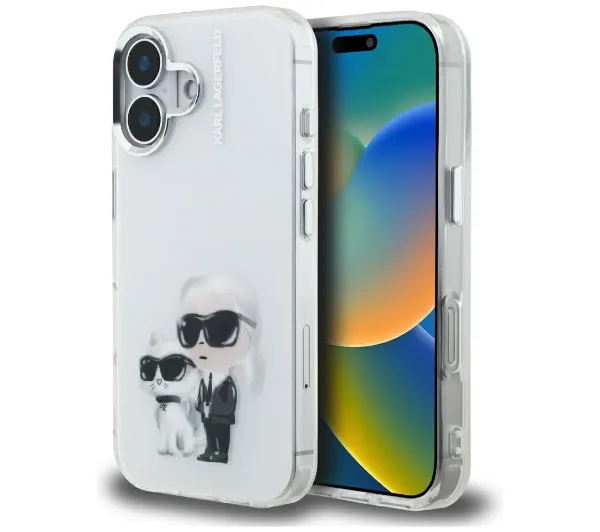 Karl Lagerfeld IML Aquarelle Karl & Choupette & Logo do iPhone 16 Biały