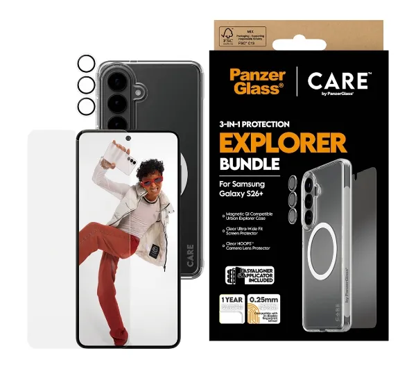 Etui PANZERGLASS Care Flagship Urban Explorer Qi 3w1 do Samsung Galaxy S26+ Przezroczysty + szkło hartowane + nakładka na obiektyw