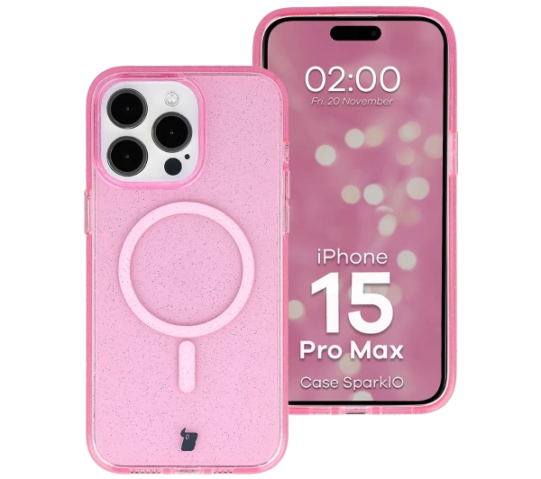 Bizon Case SparklO do iPhone 15 Pro Max Przezroczysto-Różowe Z Brokatem