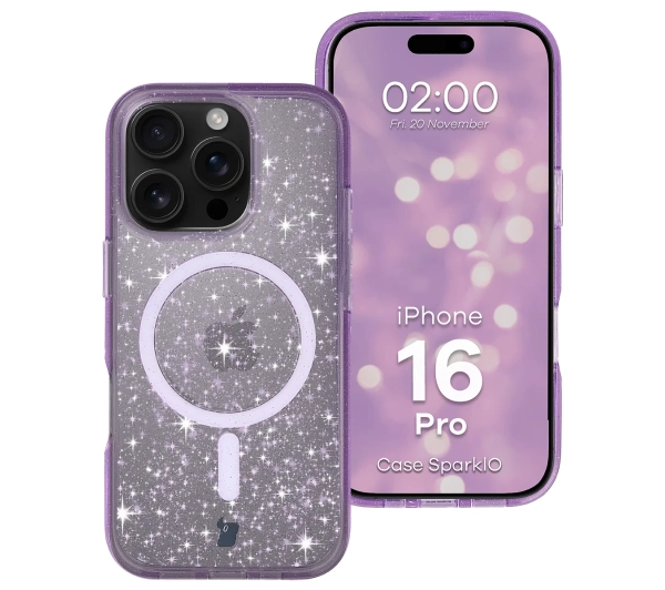 Bizon Case SparklO do iPhone 16 Pro Przezroczysto-Fioletowy Z Brokatem