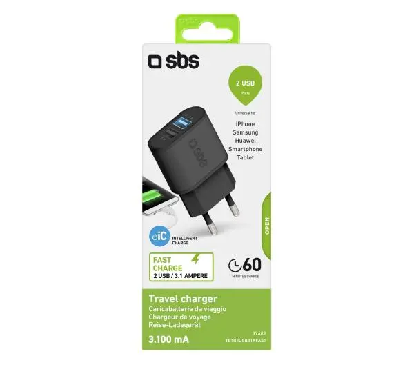 SBS TETR2USB31AFAST Ładowarka sieciowa 2xUSB 3.1A Fast Czarny