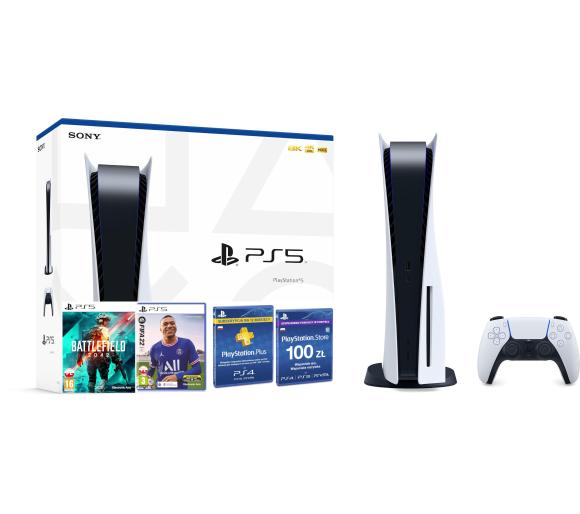 konsola PlayStation 5 Sony PlayStation 5 + Battlefield 2042 + FIFA 22 + subskrypcja PS Plus 12 m-ce + doładowanie PSN 100 zł
