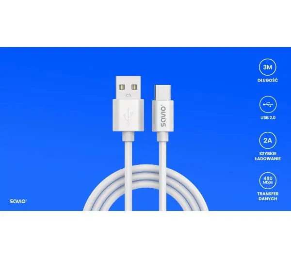 Savio CL-168 USB-A-USB-C 2A 3m Biały