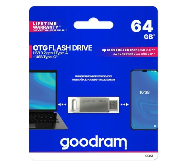 GoodRam ODA3 64GB USB 3.2 Typ C / USB 3.2 Srebrny