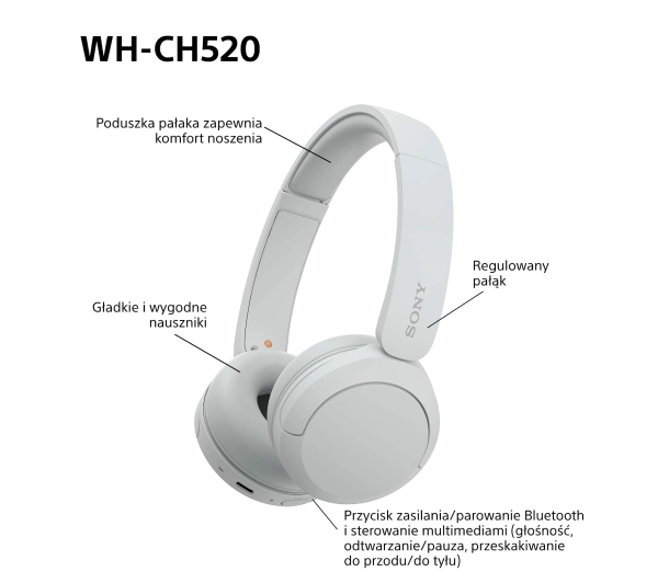 Sony WH-CH520 Nauszne Bluetooth 5.2 Biały - ⚡ BESTSELLERY ⚡