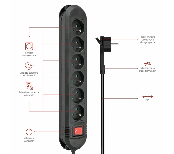 Hama P2223756 Comfort 6 gniazd 3m Czarny