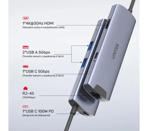Unitek H1112F USB-C PD100W RJ-45 5 Gbps Szary