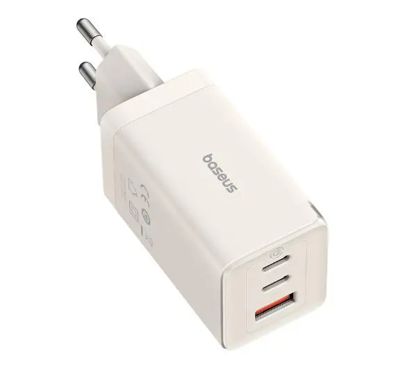 Baseus GaN5 2x USB-C + USB 65W + kabel 1m Biały