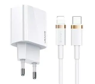 USAMS 1x USB-C T34 20W 5V-3A PD3.0 + kabel U63 USB-C do lightning 20W Biały