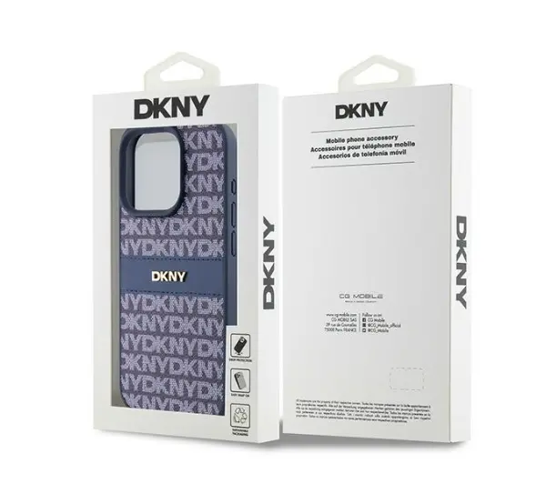 DKNY Hardcase Leather Mono Stripe & Metal Logo iPhone 15 Pro NiebieskI