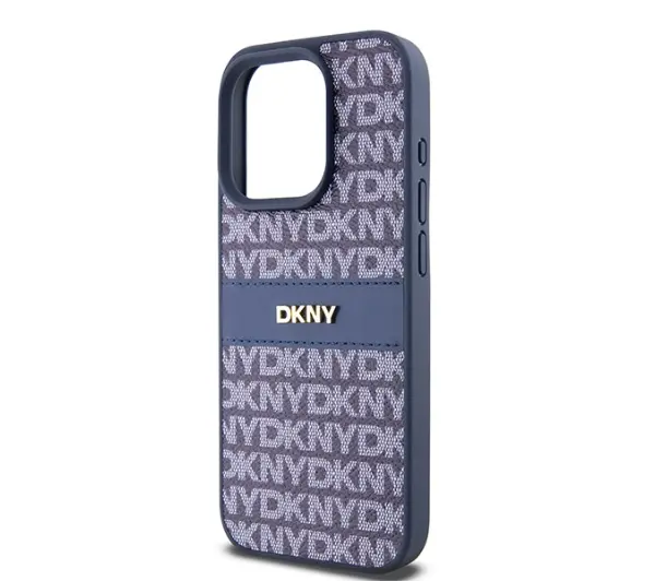 DKNY Hardcase Leather Mono Stripe & Metal Logo iPhone 15 Pro NiebieskI