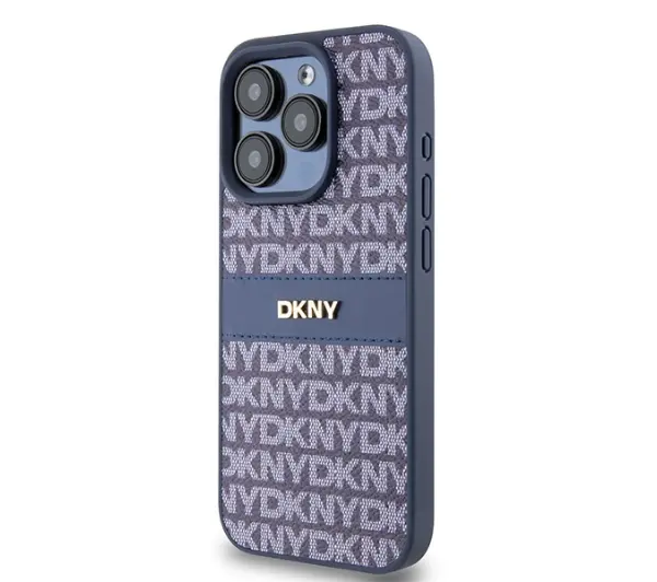 DKNY Hardcase Leather Mono Stripe & Metal Logo iPhone 15 Pro NiebieskI
